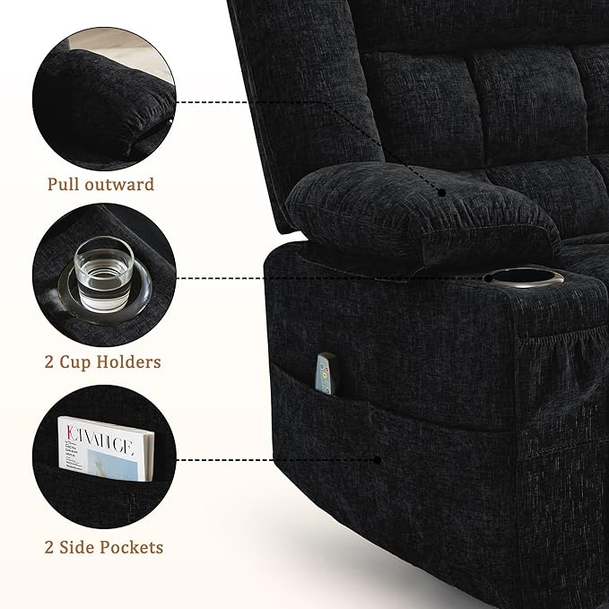 Adult 360° Rotating Recliner with Massage and Heating Functions Cup Holder and Manual Tilt Mechanism Suitable for Living Room and Bedroom (Fabric Black)