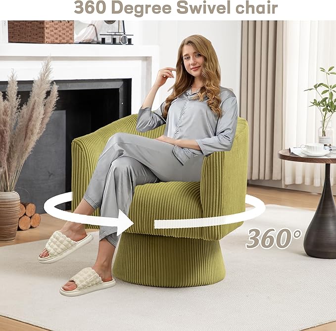 Swivel Accent Chair Modern 360° Barrel Chair Corduroy Upholstered Single Sofa for Living Room Bedroom(Green)