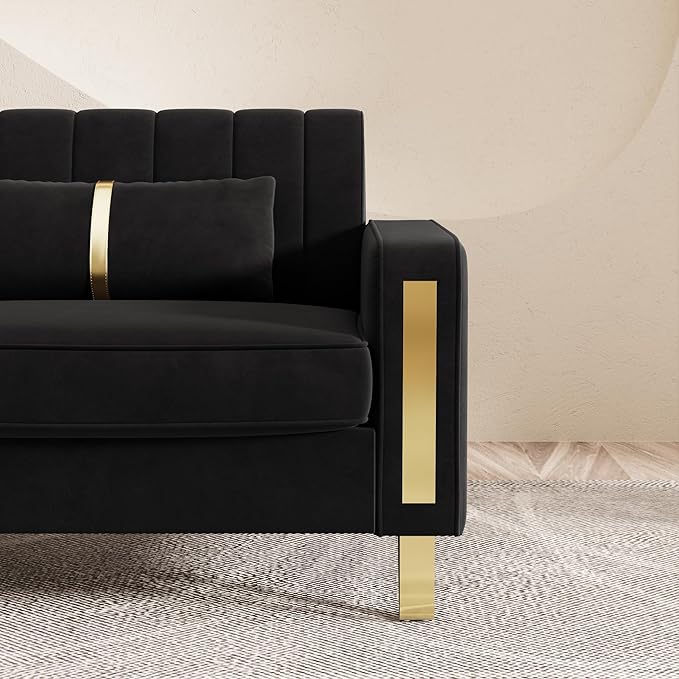 48.62 Modern Velvet Single Sofa Chair Upholstered Comfy Couch with Gold Metal Legs (Black-1 Seater)