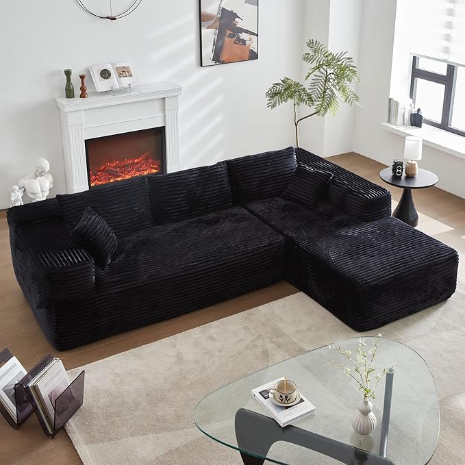 104 L-Shape Modular Sectional Sofa CouchComfy Upholstered Cloud Couch for Living RoomModern Minimalist CouchesDeep SeatNo Assembly Required (BlackPlush Corduroy Right Facing Chaise)