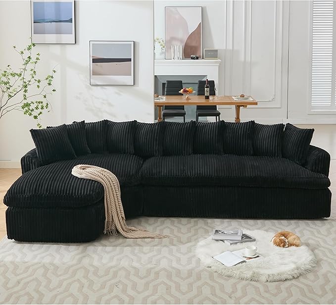 WILLIAMSPACE 127 Oversize Curved Sectional Sofa Foam Couch for Living Room Modern Upholstered Floor Foam Sofa L-Shape Curved Couch 5 Seater Sofas with 10 Cushions Corduroy Left-Facing Black