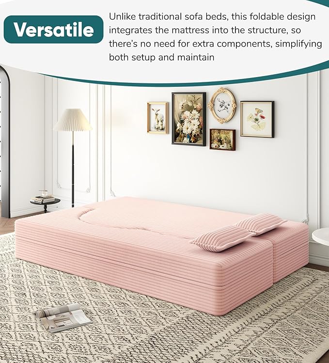 JOYBASE 78in Sofa Couch Convertible Oversized Cloud Loveseat Minimalist Sleeper Sofa Bed for Living Room Apartment Office No Assembly Required (Baby-Pink Corduroy)