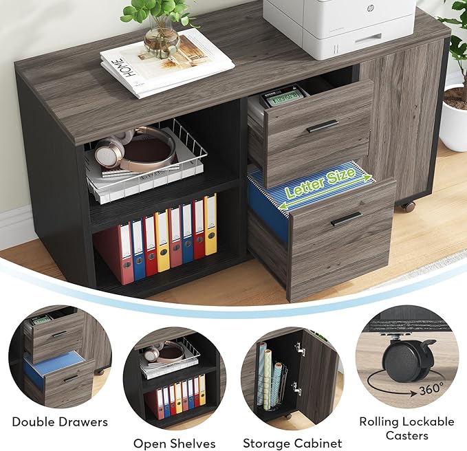 Tribesigns 47 Mobile File Cabinet with 2 Drawers Wooden Filling Cabinet for Home Office Lateral Office Storage Cabinet with Storage Shelves for Legal Size/Letter/A4/Files Grey and Black