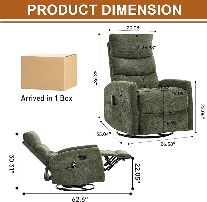 Manual Swivel Rocker Recliner Chair with Vibration Massage Overstuffed Glider Chair with Lumbar Heat for Nursery Living Room Reclining Sofa Chair Chenille Fabric Green