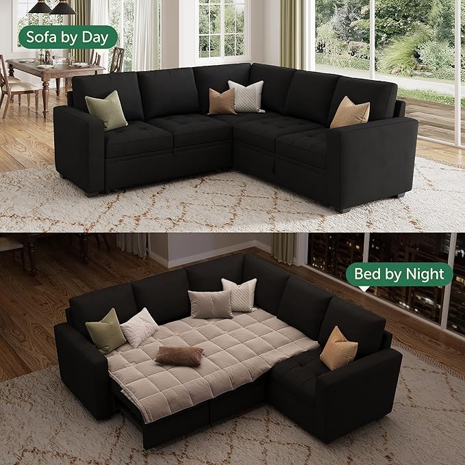 HONBAY Modular Sectional Sleeper Sofa with Pull Out Bed Velvet Convertible L Shaped Couch with Storage Seat Sectional Couches for Living Room Black