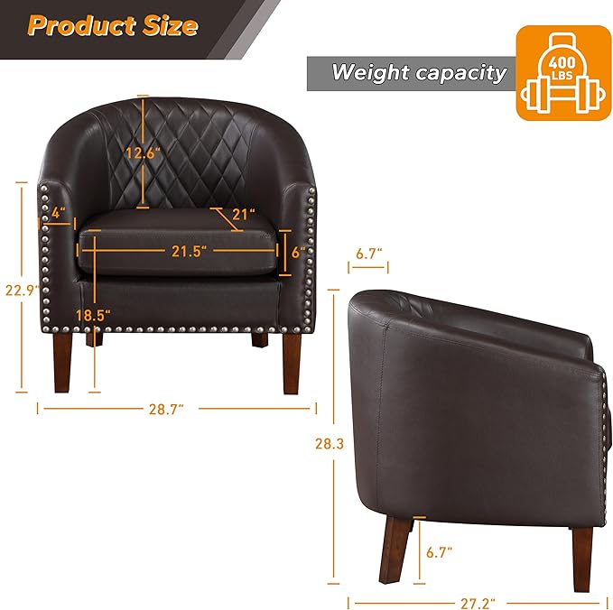 Prilinex Comfy Barrel Accent Chair Set of 4 - Faux Leather Living Room Chair Club Chair with Cushion Diamond Grid Backrest &amp Nailhead Trim Guest Chair for Office Bedroom &amp Waiting Room Bro