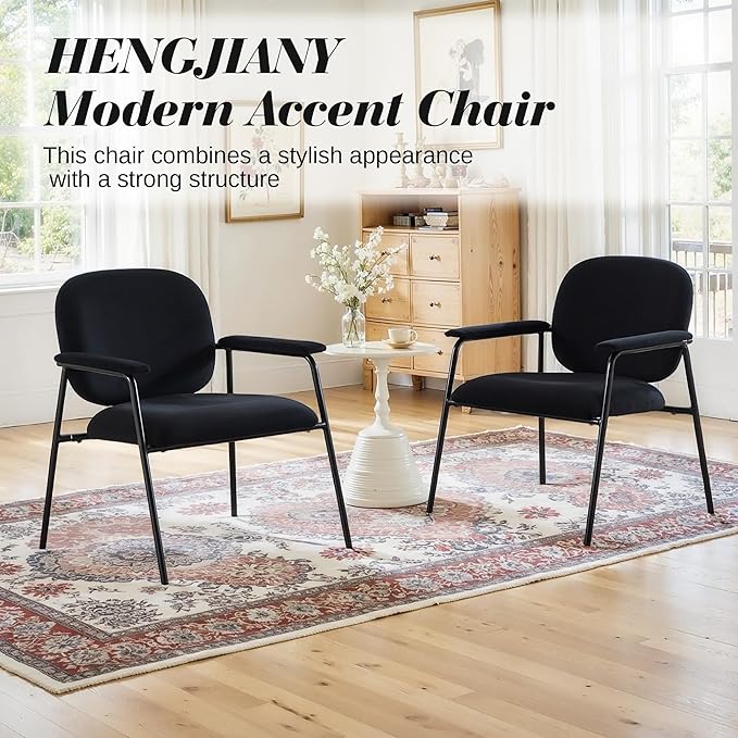 Accent Chair Set of 2 Velvet Upholstered Armchair Reading Side Chair Comfy Living Room Chair with Black Metal Legs for Bedroom Waiting Room Black