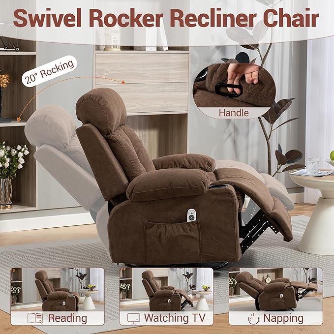 Recliner Chair for Adults with Vibration Massage and Lumbar Heating 360° Swivel Rocker Recliner Glider Chair with Cup Holder and USB Charge Port for Living Room Bedroom Brown
