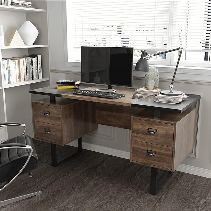 Computer Desk with 4 Drawers for Files Organization 59 Large Home Office Desk with Storage Shelves Industrial Study Writing Table Workstation for Home Office Study Room Walnut and Black