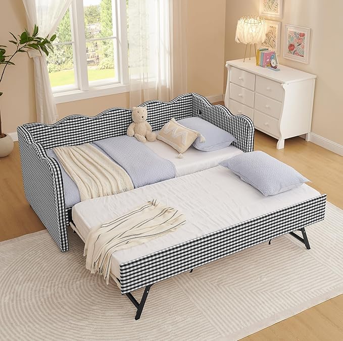Cozy Gingham Daybed with Trundle Twin Size Sofa Bed No Box Spring Needed with USB Port and Adorable Wave Shaped Linen Fabric Navy (Black)