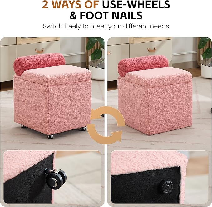 Boucle Vanity Chair with Storage Swivel Makeup Vanity Chair with Wheels &amp Safety Hinge Upholstered Vanity Stool Ottoman for Bedroom Dressing Room Pink