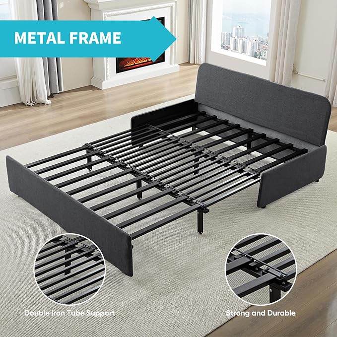 CECER 64.2 Queen Size Pull Out Sofa Bed Pull Out Couch Bed with 2 Pillows Linen Convertible Sleeper Sofa with Comfy Mattress 2 in 1 Armless Loveseat Sleeper for Living Room-Dark Grey