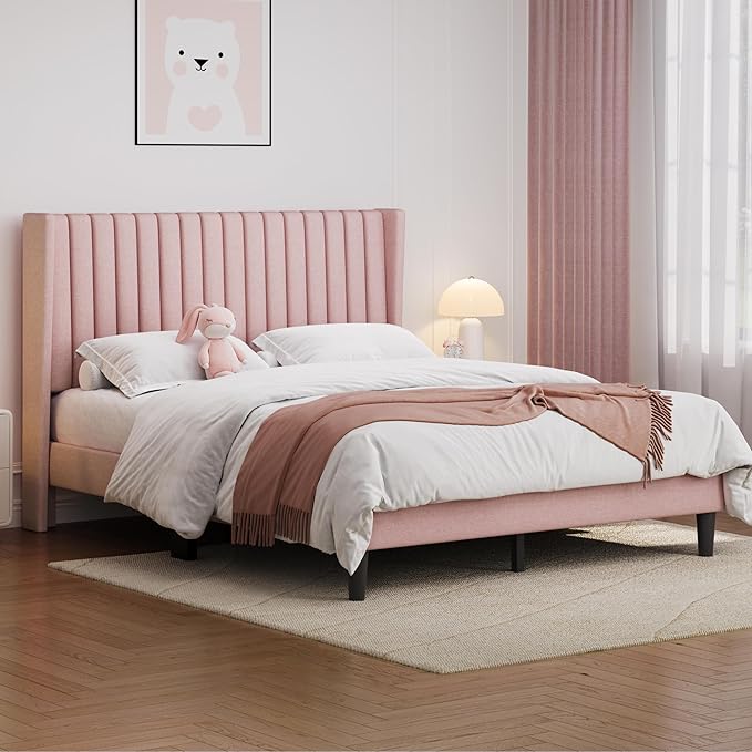 Yaheetech Queen Bed Frame Upholstered Platform Bed with Fabric Headboard Wing Edge Design/Non-Slip and Noise-Free/Wooden Slats Support/No Box Spring Needed/Easy Assembly Pink Queen Bed