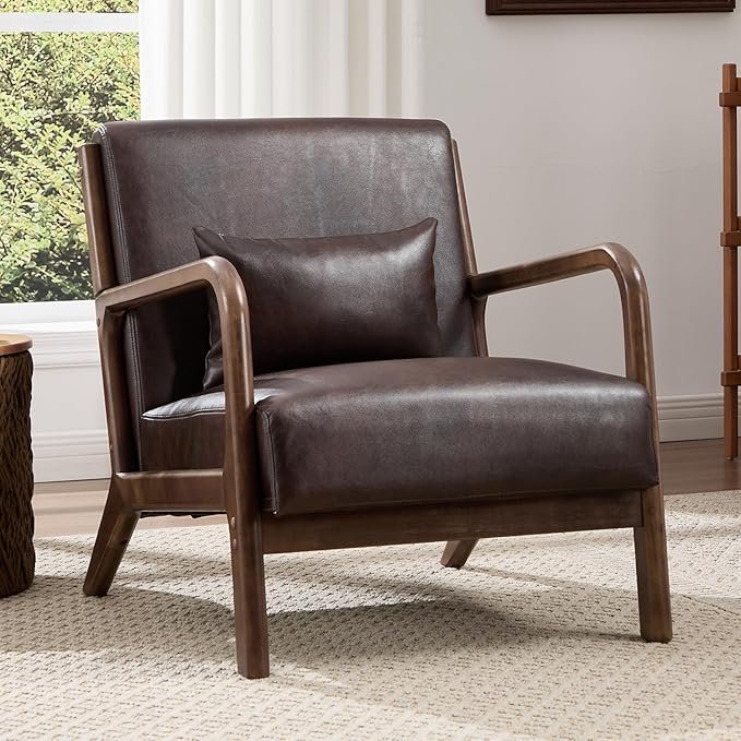INZOY Mid Century Modern Accent Chair with Wood Frame Set of 2 Upholstered Reading Armchair with PU Leather Accent Chair for Living Room Bedroom Apartment Easy Assembly Chocolate Brown