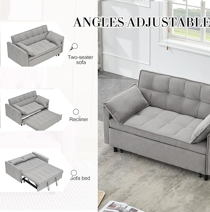 3 in 1 Corduroy Convertible Sofa Bed Pull Out Couch Bed with Reclining Backrest and 2 Pillows 54 Full Size Loveseat Sleeper Sofa Futon Couch Beds Couches for Small Spaces Living Room (Gray)