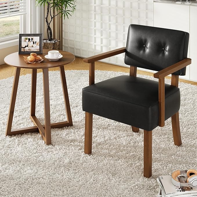 Garvee Mid-Century Accent Chair with Wood Frame. PU Leather Upholstered Lounge Arm Chair with Classic Button Tufting Reading Leisure Chair for Living Room Bedroom Balcony Black