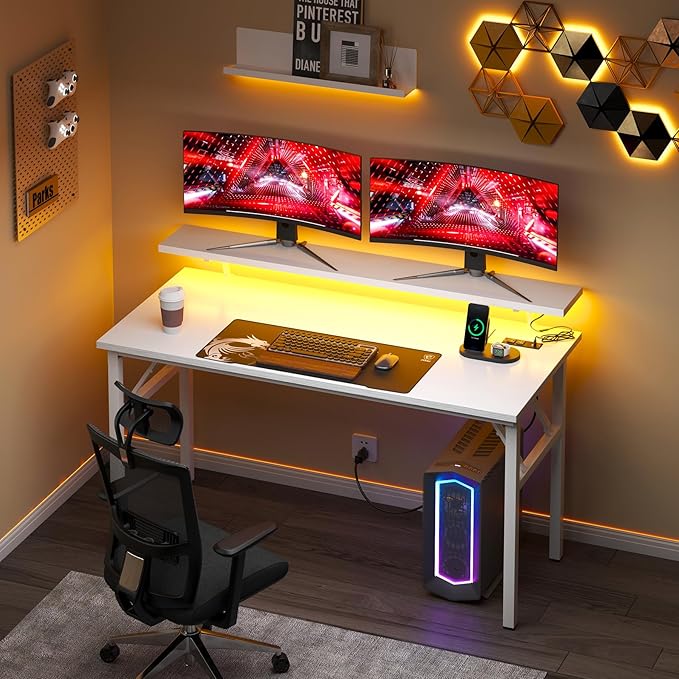 Need 47.2 inch Computer Desk with LED Lights &amp Power Outlets Folding Desk with Monitor Shelf Wide Folding Table Writing Desk Foldable Home Office Desk White