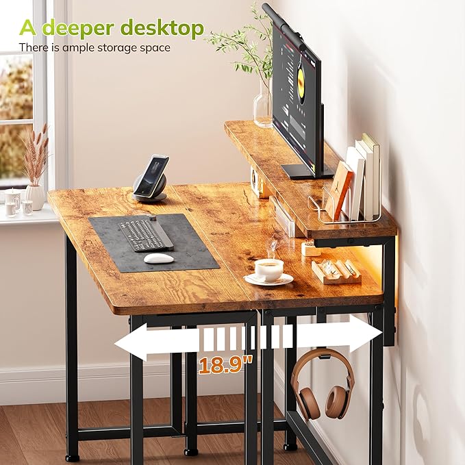 Folding Desk for Small SpaceFoldable Computer Desk with Monitor Stand31.5 Inch Small Desk with LED Lights for Bedroom Home OfficeWriting Work Office Computer Desk with HooksRustic Brown