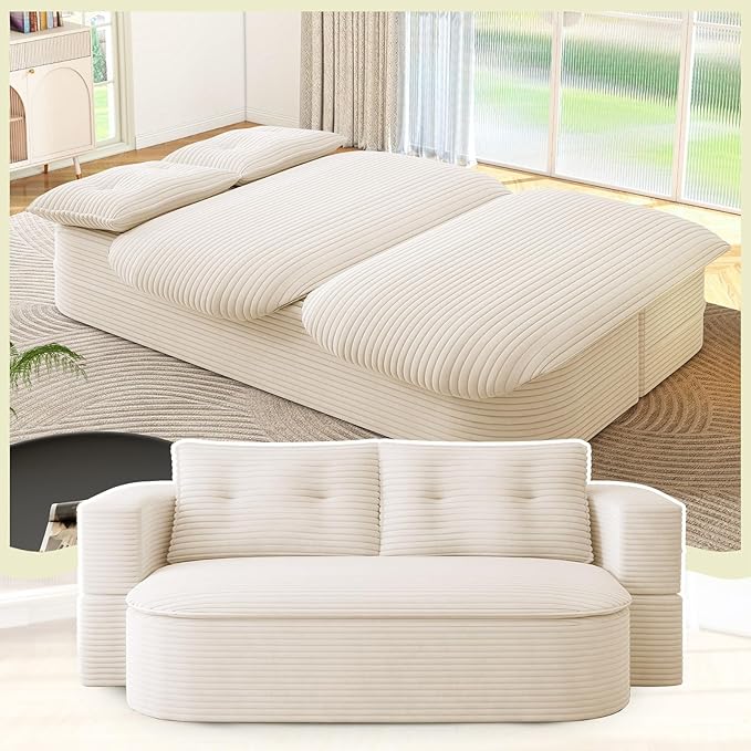 Convertible Sleeper Sofa Modern 78-inch Folding Futon Corduroy Floor Foam Compression Loveseat Sofa Bed Couch Foldable Full Size Guest Bed with 2 Pillows for Living Room Bedroom Apartment Beige