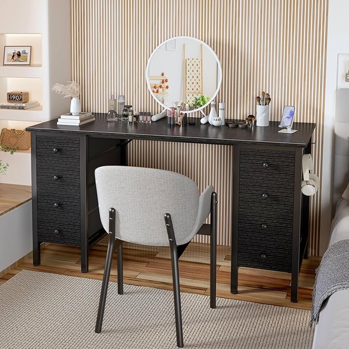 DLisiting Black Gaming Desk with Fabric Drawers on Both Sides 55 Inch Home Office Computer Study Writing Work PC Desk with 8 Storage Drawers Storage for Bedroom