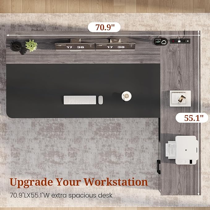 71 Executive Desk Large Office Desk with Drawers &amp Storage Shelves Modern L Shaped Computer Desk Corner Desk with Power Outlets File Cabinet Business Furniture Desk Workstation (Grey)