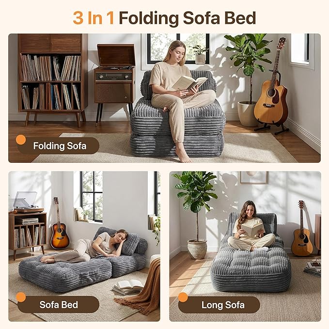 Claiks Folding Sofa Bed Boneless Chair with Pillow Sleeper Sofa with Back Support Sleeper Chair Portable Fold Out Chair Bed Comfy Foldable Mattress for Living Room Dark Grey Single