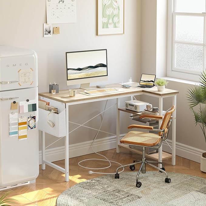 TIQLAB L Shaped Computer Desk with Power Outlets 47 Inch Small Corner Desk with Reversible Shelves Gaming Desk Computer Table Study Writing Table for Home Office Bedroom Small Space Maple