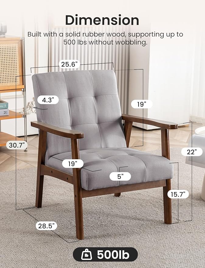 Mid Century Modern Accent Chairs for Living Room Comfy Bedroom Chairs for AdultsSmall Wide Reading Nook Arm Chair 105° Ergonomic Cozy Grey Linen Armchair with Rubber Wood
