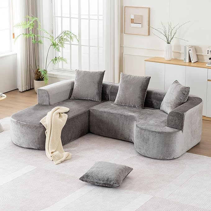 100” Curved Sectional Sofa Oversized Curved Couch for Living Room Corduroy Fabric Foam Couches Modern L Shaped Couch with Pillows No Assembly Grey