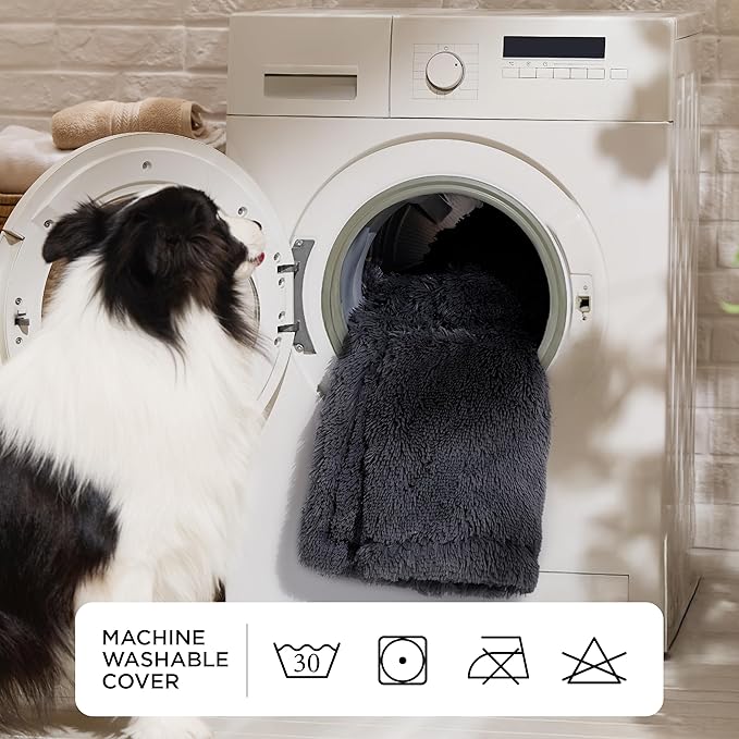 Bedsure Calming Human Dog Bed 71 x 44 x 12 Giant Human Dog Bed for Adults People Fits Pet Families with Storage Pocket Fluffy Faux Fur Orthopedic Pet Bean Bed Frost Grey