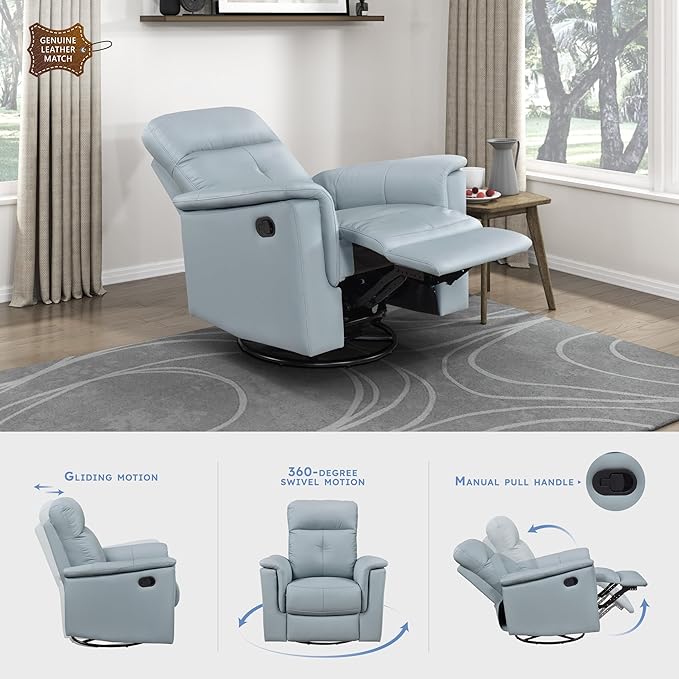 Lexicon Swivel Glider Recliner Chair Comfy Nursery Glider Top Grain Leather Match Recliner Manual Reclining Chair for Living Room/Office/Apartment Blue