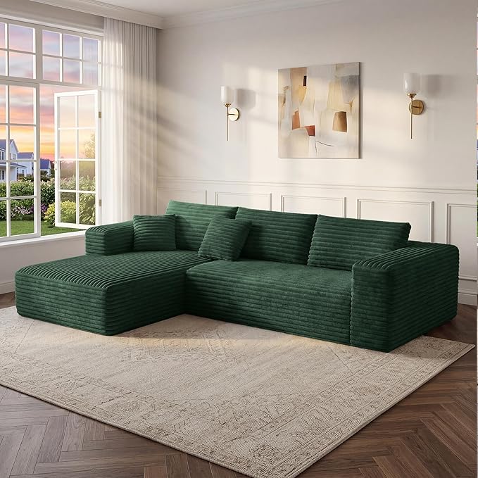 Modular Sectional Couch | CNest-LL 107 Left-Facing L-Shaped Cloud Sofa with High-Density Foam Boneless Floor Couch Cozy Thickened Corduroy Couch 1400lbs Support | Emerald Green