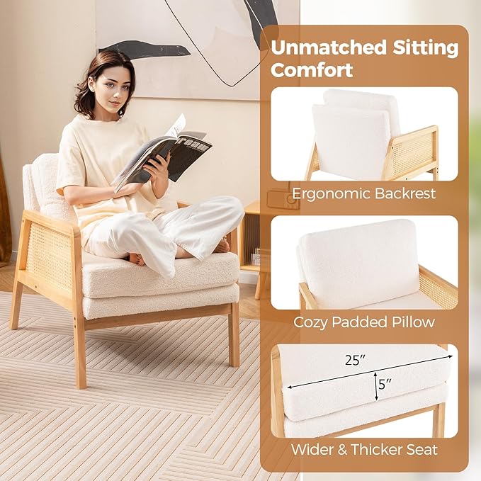 Giantex Mid Century Modern Accent Chair Boho Boucle Living Room Arm Chair w/Rattan Arms Wooden Frame Thick Cushion Pillow Sherpa Reading Side Chair for Bedroom Balcony Natural+Beige
