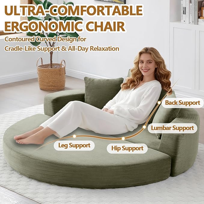 67'' Circular Convertible Compressed Sofa Bed Green Corduroy Floor Lounge Round Boneless Couch Loveseat Sleeper Sofa Couch with 3 Cushions No Assembly for Apartment Bedroom