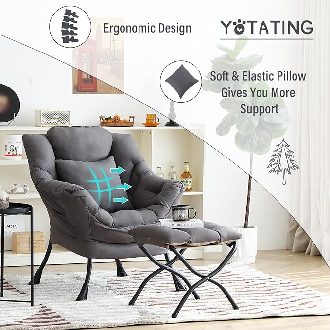 Lazy Chair with Ottoman Comfy Reading Lounge Chair with Footstool &amp Throw Pillow Modern with Armrests &amp Side Pocket for Living Room Bedroom Dorm Room Dark Grey