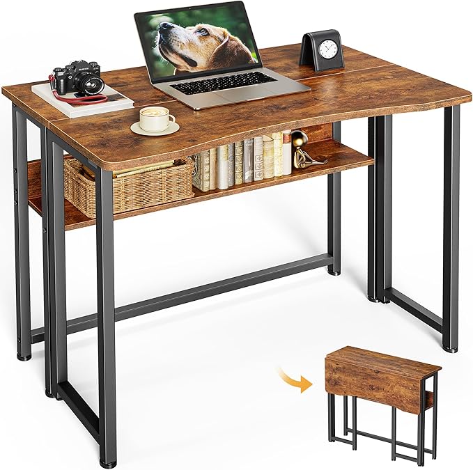 Huuger Folding Desk with Storage Shelf 31.5 Inch Foldable Computer Table for Small Spaces Space Saving Sofa Table for Couch Writing Work Office Computer Desk Easy to Fold Rustic Brown