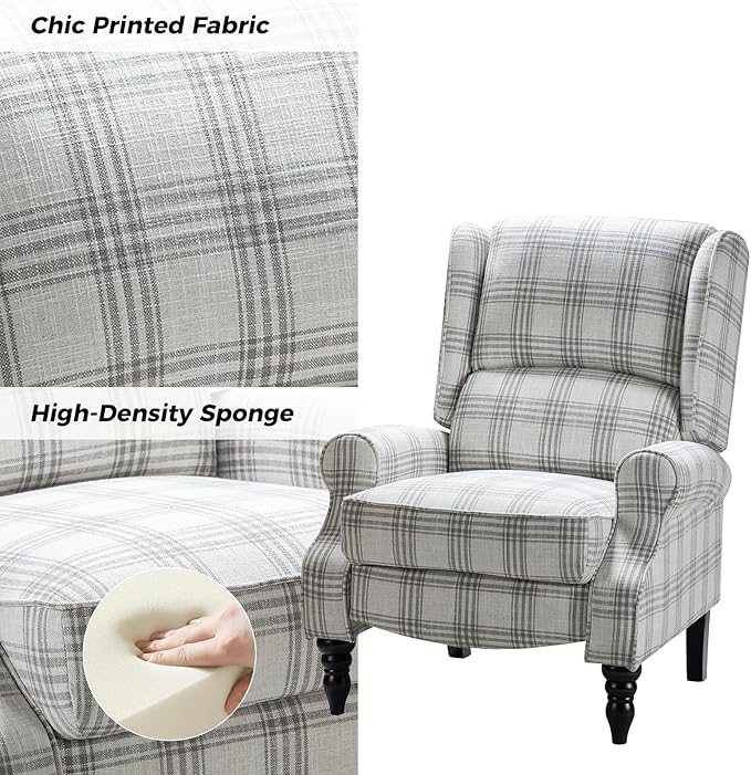 HULALA HOME Upholstered Wingback Recliner Chair Small Adjustable Footrest Push Back Single Reclining Sofa Mid Century Modern Lounge Armchair for Living Room Bedroom Reading/Plaid Grey