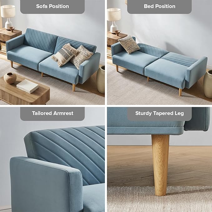mopio 76.4 Futon Sofa Bed Couch Loveseat Sleeper Sofa Mid Century Modern Futon Couch Sofa Cama Couches for Living Room (Sky Blue Premium Velvet)
