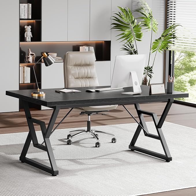 63 Large Executive Desk - Computer Office Desk Workstation Modern Business Writing Table with Sturdy Metal Legs for Home Office (Black/Black)