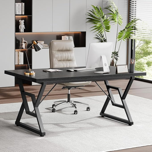 63 Large Executive Desk - Computer Office Desk Workstation Modern Business Writing Table with Sturdy Metal Legs for Home Office (Black/Black)