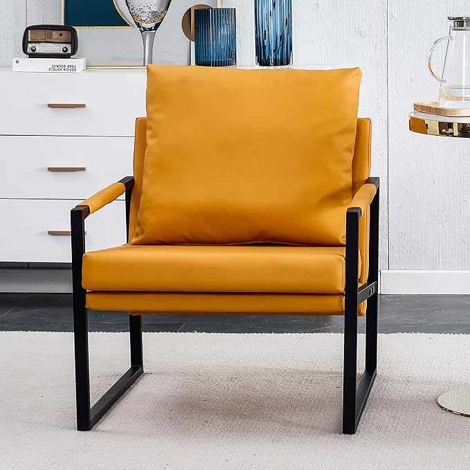 PU Leather Accent Arm Chair Mid Century Modern Upholstered Armchair with Metal Frame Extra Thick Padded Backrest and Seat Cushion Sofa Chairs for Living Room (Orange PU Leather Metal Frame Foam)