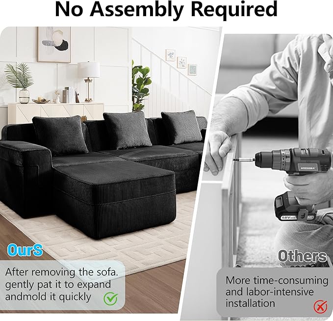 117.3 Compressed Sofa with Deep SeatsL Shaped Boneless Sectional Couch with High Density Memory Foam SofaBlack 3 Seater Sofa for Living Room ApartmentsNo Assembly