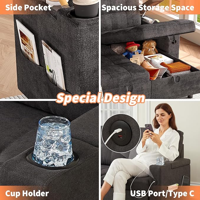 GarveeLife Couches for Living Room 84'' L-Shaped Sectional Sleeper Sofa with Pull Out Bed Comfy Sofa Bed with Charging Ports and Storage Armrests Dark Grey