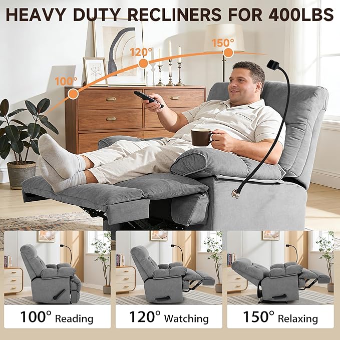 Oversized Recliner Chairs for Adults Manual Large Recliners Big Mans Recliner Chair Extra Wide Single Reclining Sofa Chair for Living Room RV Grey