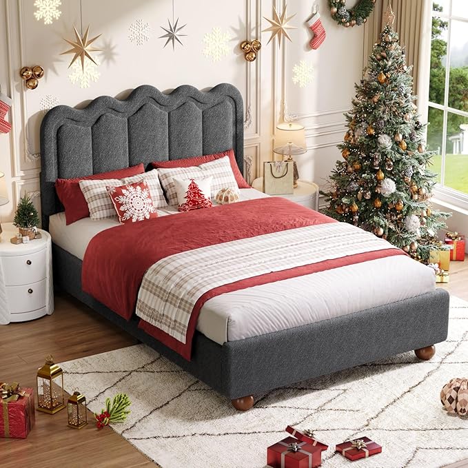 Queen Size Bed Frame with Headboard Boucle Bed Frame Soft Upholstered Platform Cloud Bedframe with Footboard Solid Wood Legs Solid Wooden Slats Support No Box Spring Required Easy Assembly