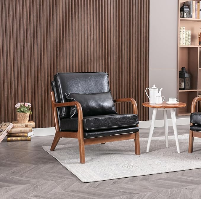 Mid Century Modern Accent Chair Comfy Armchair with Lumbar Pillow and Thick Cushion Lounge Chair with Solid Wood Frame Upholstered Side Arm Chair for Living Room Bedroom Office Black PU Leather