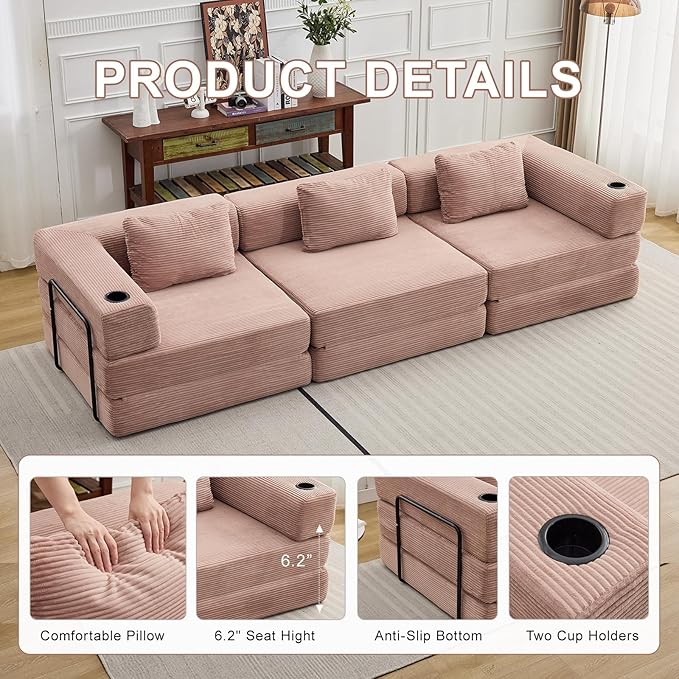 118 Oversized Sectional Couches Convertible Floor Sofa Bed with Cup Holder Boneless Foldable Mattress Cloud Couch with Pillow Back &amp Armrest for Living Room Bedroom Lounge(Corduroy Pink)