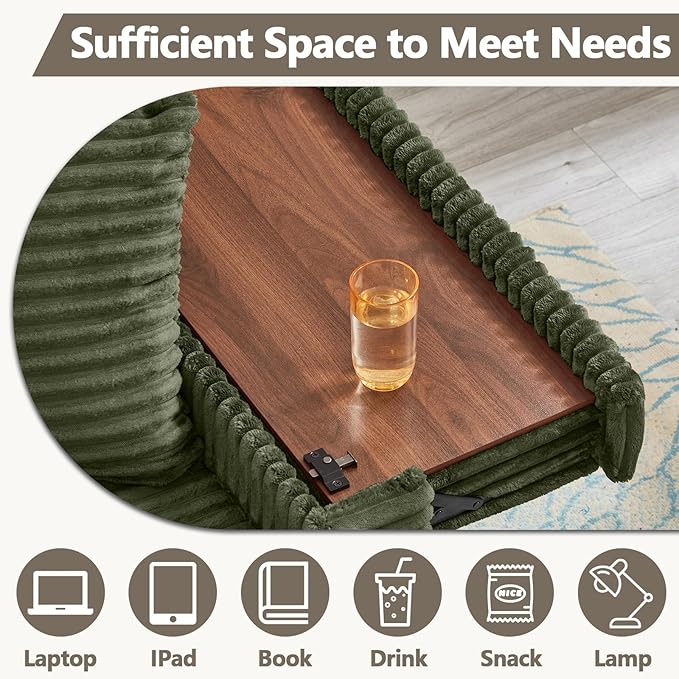 Chaise Lounge Chair Indoor with Ottoman Corduroy Sofa Bed with Table Board USB Ports Cup Holder &amp Pillow Boneless Chaise Lounge for Storage Space Living Room Bedroom Apartment (Green)