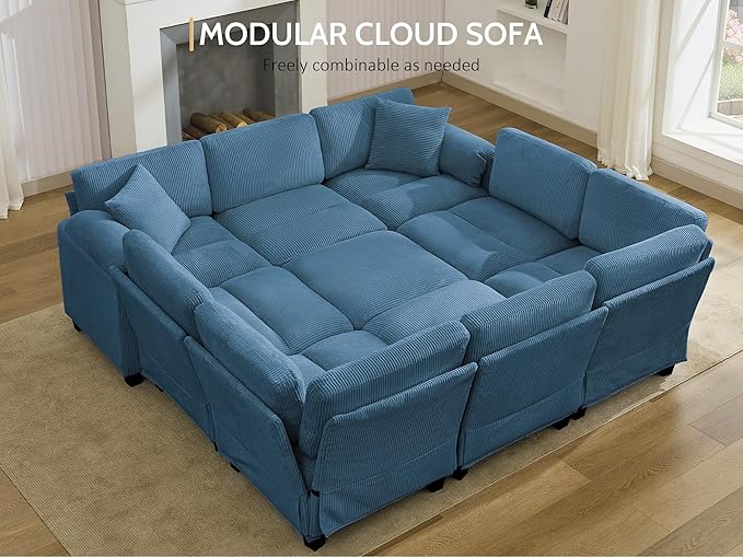 DRMBOOK 115'' U Shaped Modular Sectional Cloud Couch Comfy Corduroy 6 Seater Sofa with Curved Armrest Modern Deep Seat Modular Sofa for Living Room (Blue 5 Seat+1 Corner+1 Ottoman)