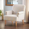 HUIMO Linen Fabric Accent Chair Mid-Century Modern Armchair with Solid Wood Legs Single Sofa ChairUpholstered Reading Club Chair (1 Brown and White Stripe)